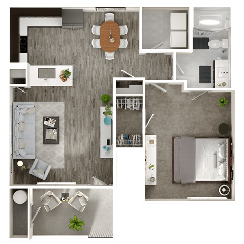 A top-down view of a modern apartment layout with a living room, kitchen, and bedrooms.